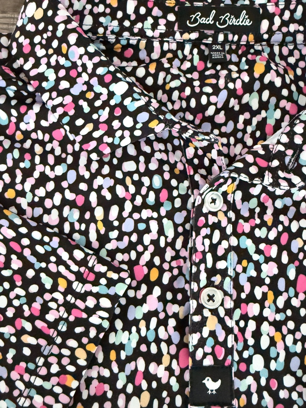 Bad Birdie Men’s “Drippity Drip” Black Polo Shirt with Confetti Print - XXL